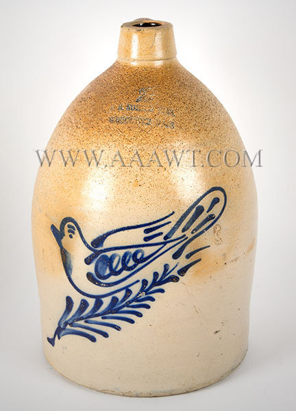 Stoneware Jug, F.B. Norton, Worcester, Massachusetts, Cobalt Dove Decoration
Two Gallon, Circa 1880, entire view